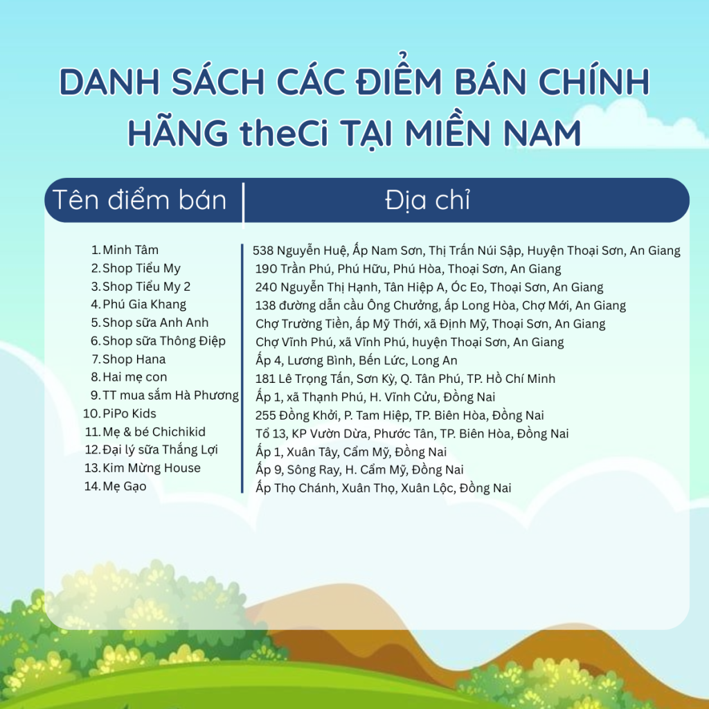 Danh sách 14 điểm bán theCi chính hãng mới tại Miền Nam 